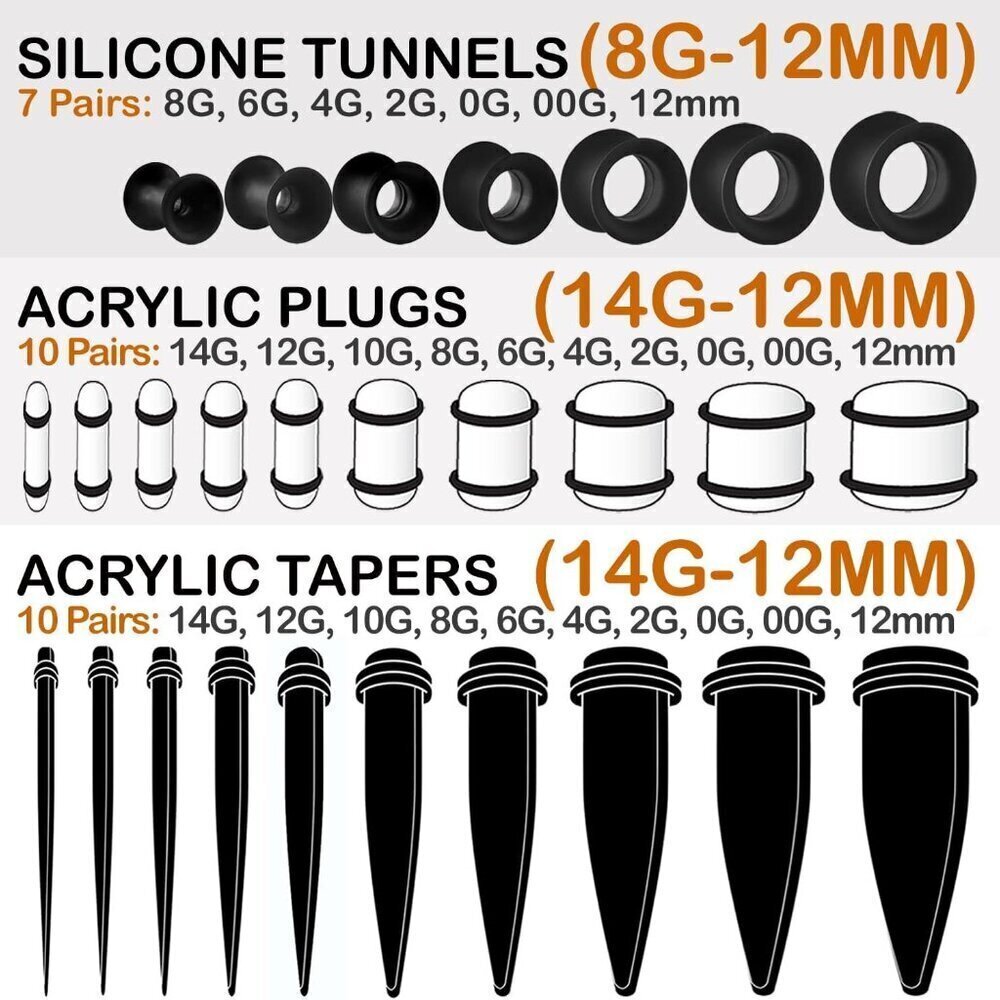 Ear Stretching Kit Silicone Acrylic Plugs Tapers Tunnels with Jojoba Oil - Picture 3 of 9